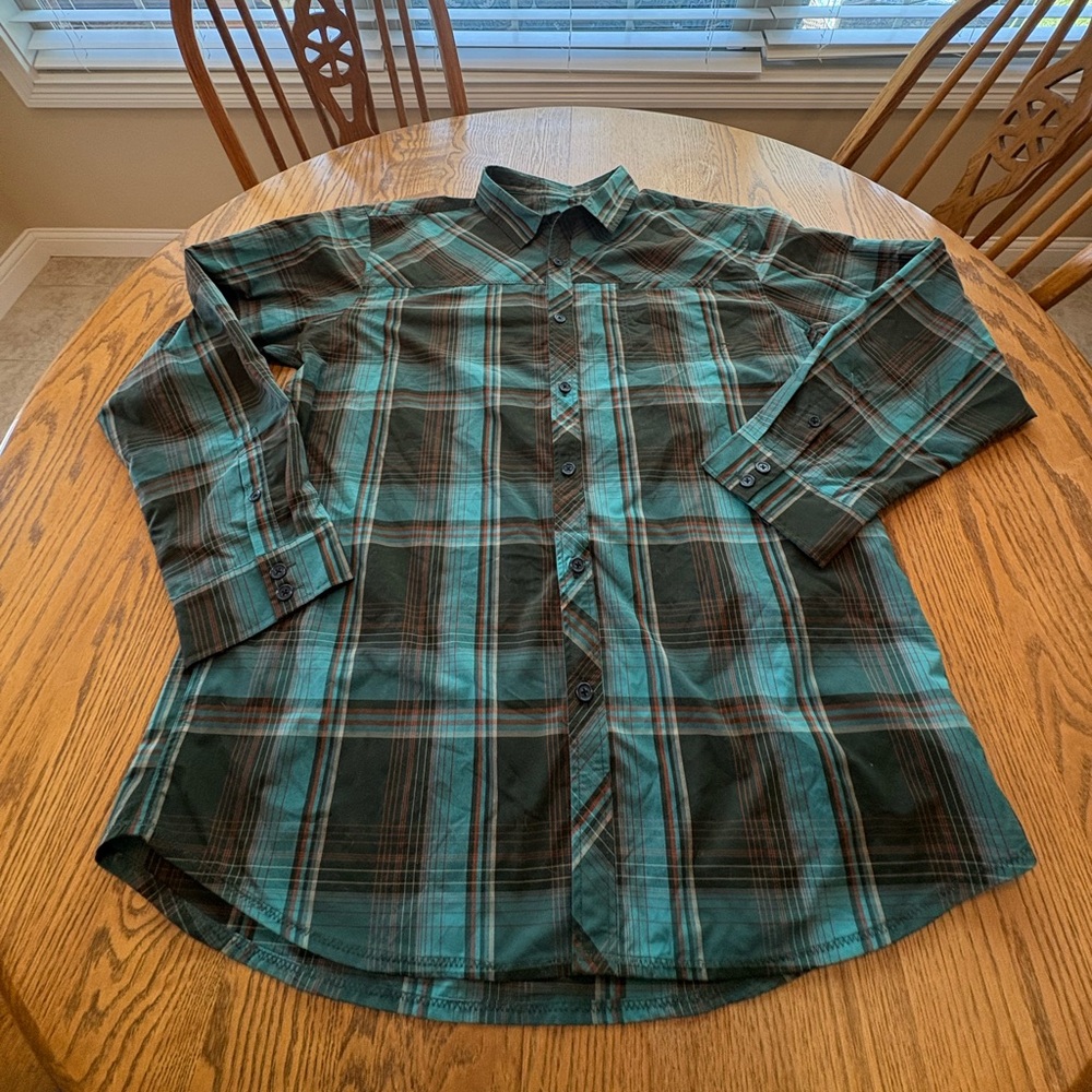 Prana Men's Lightweight Teal Plaid Long Sleeve Collared Button Up Shirt Sz XXL